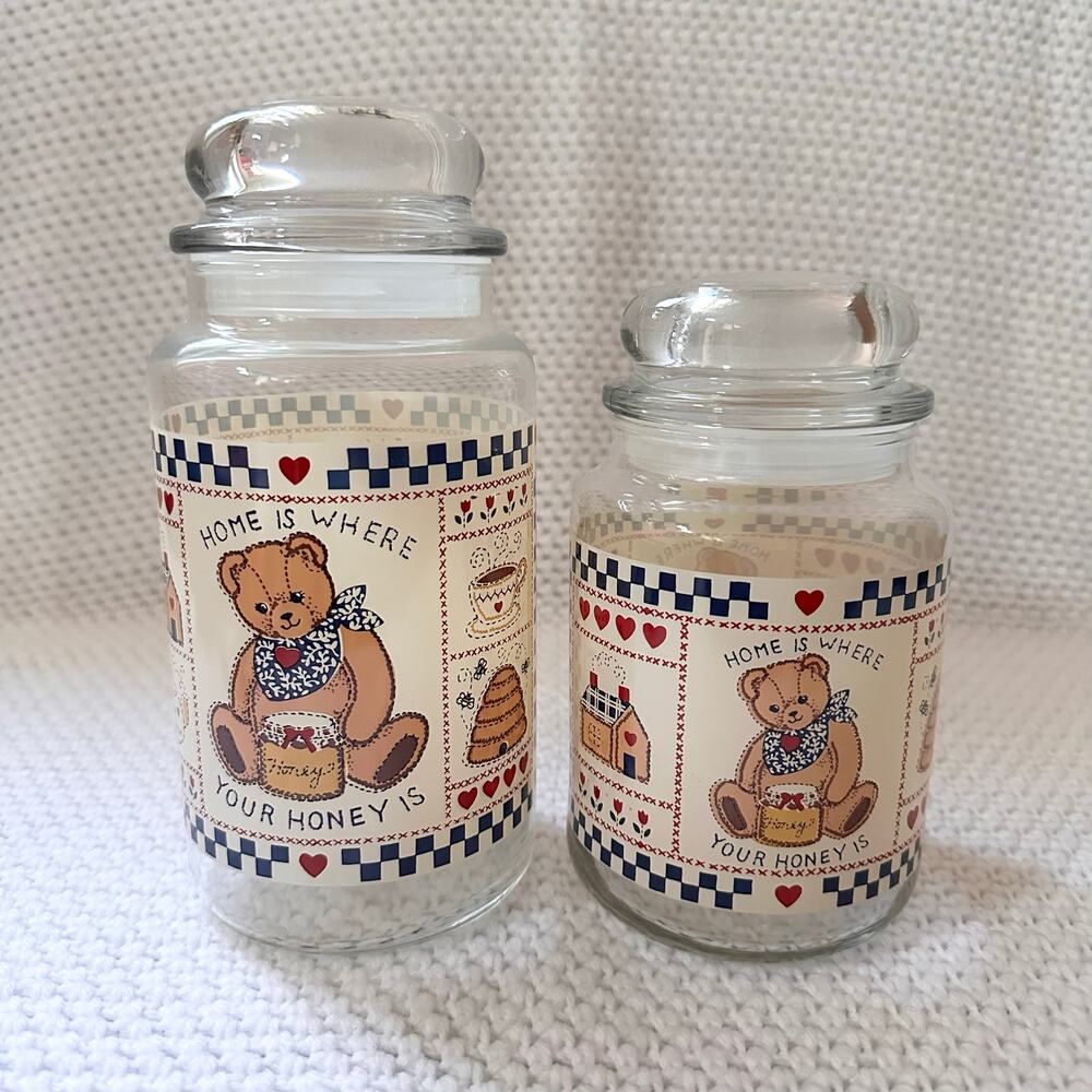 Vintage Set 2 Home Is Where Your Honey Is Bear Glass Jar Containers 7" 8.5" Lids